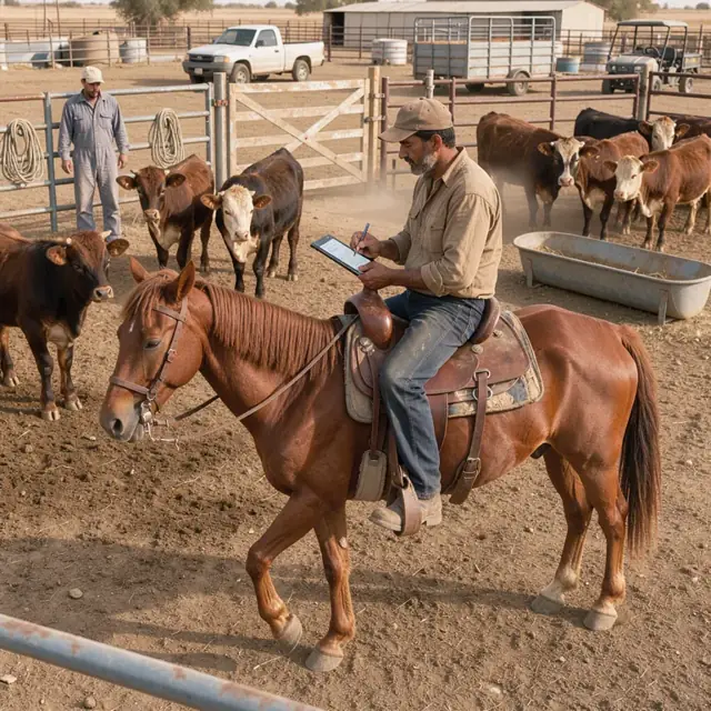 a worker on horseback observing cattle in a large dirt pen while noting details on a handheld tablet