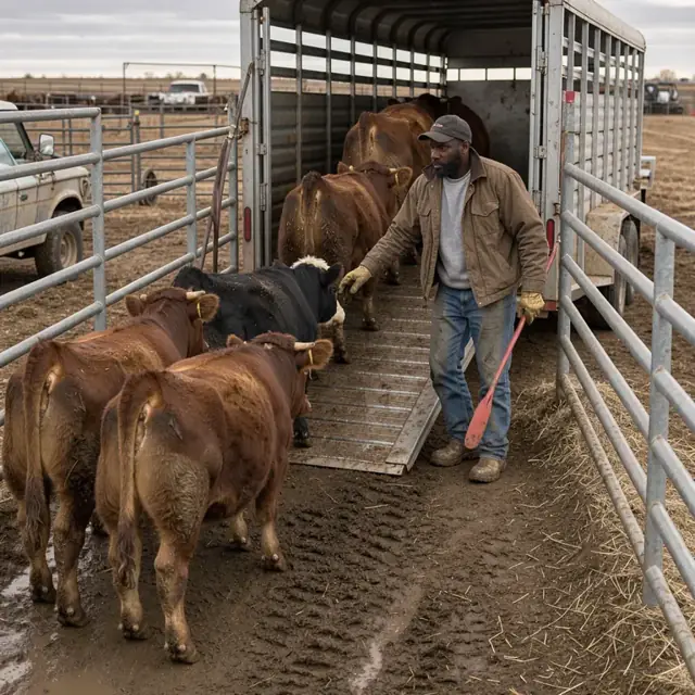 a worker guiding cattle up a ramp into a livestock trailer at the end of a feedlot alley