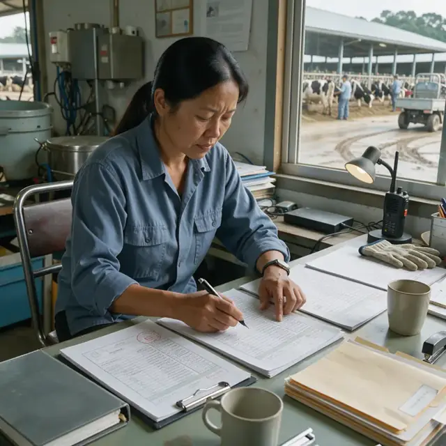 a worker at a desk reviewing printed logs and permits beside a window overlooking a dairy barn