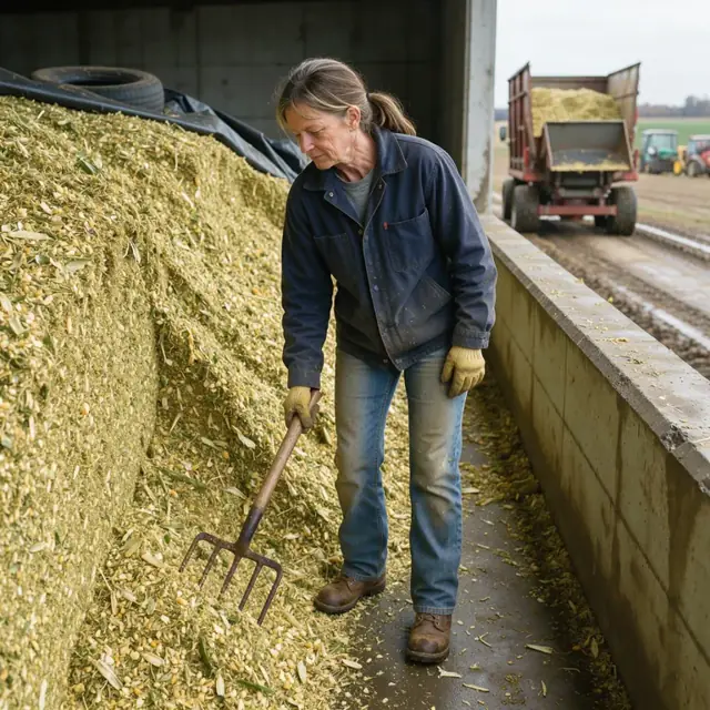 a worker standing beside a large pile of corn silage in an open-faced bunker with a feed wagon in the background