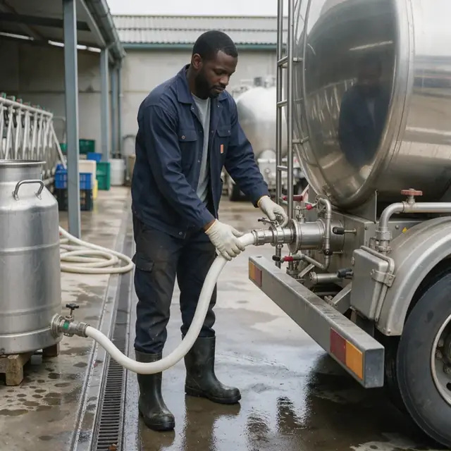 a worker connecting a flexible milk hose from a bulk tank to a stainless steel tanker truck