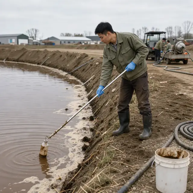 a worker standing beside a large earthen manure lagoon taking a sample with a long pole and bottle