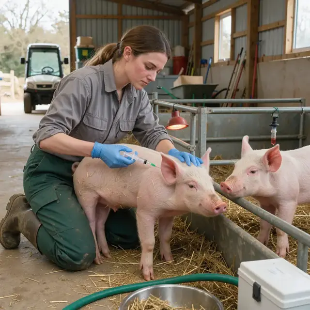 a worker in a barn wearing gloves administering an injection to a pig in a nursery pen while another pig looks on