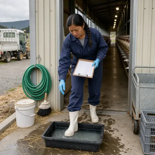 a worker in coveralls dipping boots in a footbath before entering a layer house with a clipboard checklist