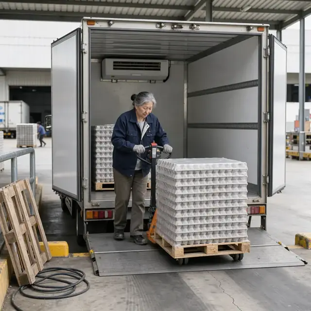 a worker loading stacked pallets of egg cartons into the back of a refrigerated truck at a loading dock