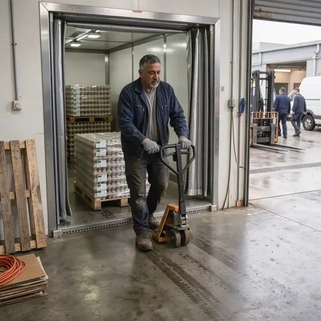 a worker pulling pallets of labeled egg cartons from a refrigerated cooler onto a pallet jack