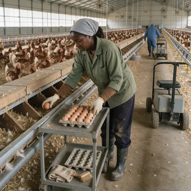 a worker collecting eggs from nest boxes inside a broiler breeder house with rows of birds in the background