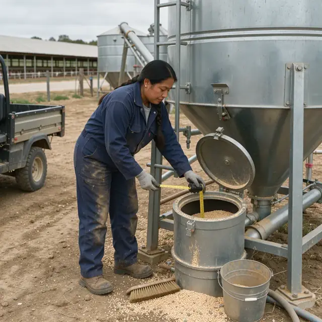 a worker in coveralls checking feed levels inside a large outdoor feed bin with a measuring tape at a poultry farm