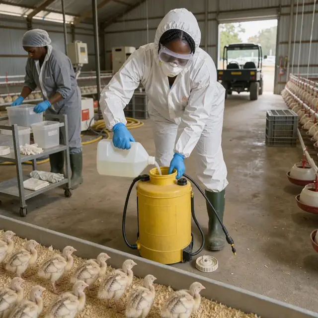a poultry grower wearing protective gear filling a backpack sprayer with vaccine for day-old turkeys in a barn