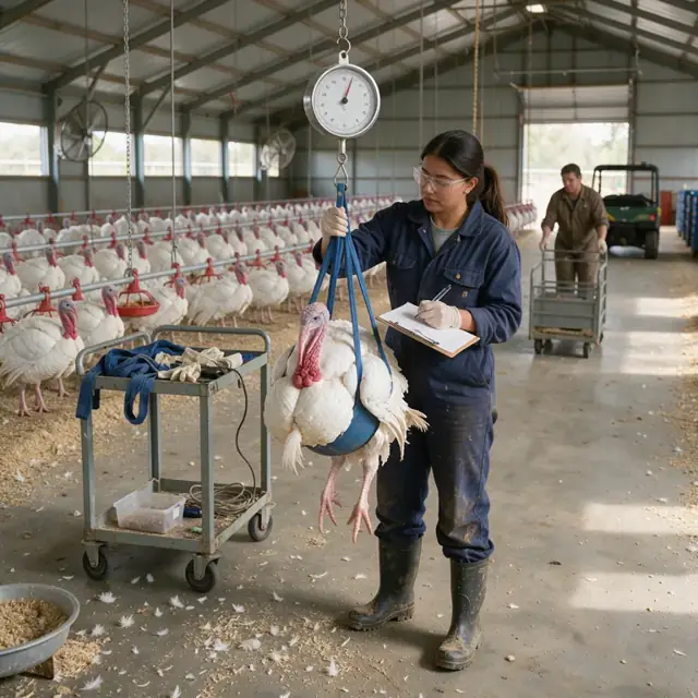 a poultry grower weighing a sample turkey on a hanging scale inside a finishing barn while recording numbers on a chart