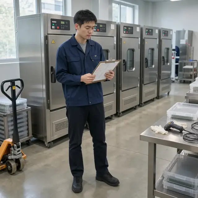 a worker standing in front of tall stainless steel incubators with digital control panels, holding a clipboard of tray assignments