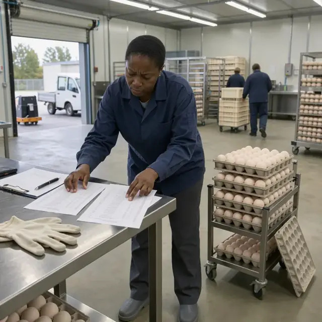 a worker at a metal desk reviewing printed order sheets next to trays of clean hatching eggs under fluorescent lights