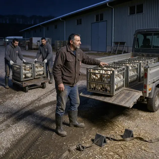 a grower directing a crew loading crates of ducks onto a trailer at night outside a poultry barn