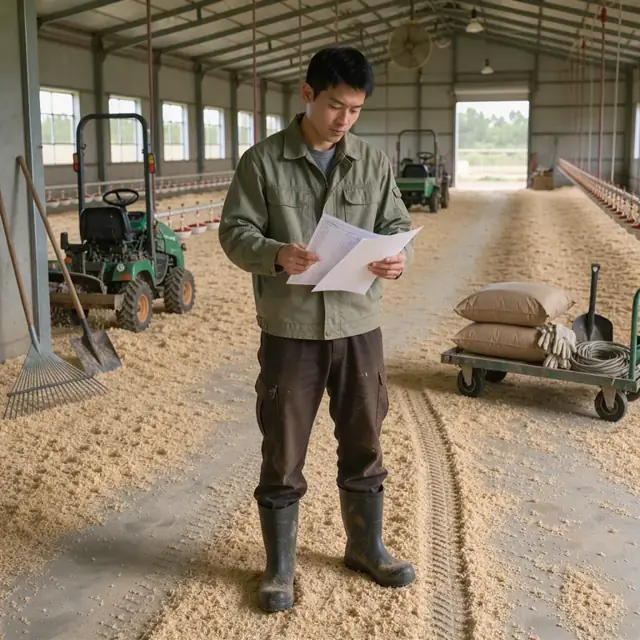 a grower reviewing order sheets while standing inside an empty poultry barn with fresh litter spread on the floor