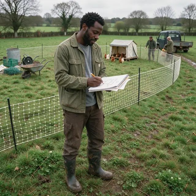 a grower standing in a green pasture with portable poultry fencing and a notebook planning next season rotation