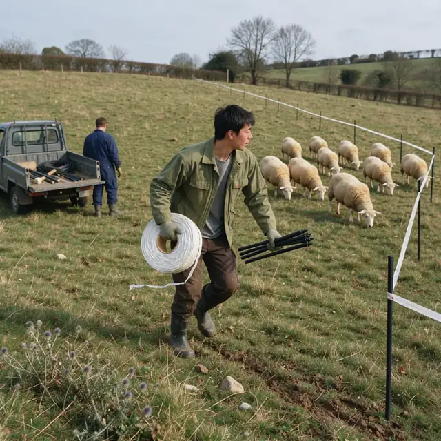 a worker carrying a roll of electric fencing tape toward a flock of sheep grazing in an open hillside paddock