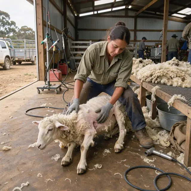 a worker positioning a freshly shorn ewe on the shearing board with piles of wool beside a skirting table