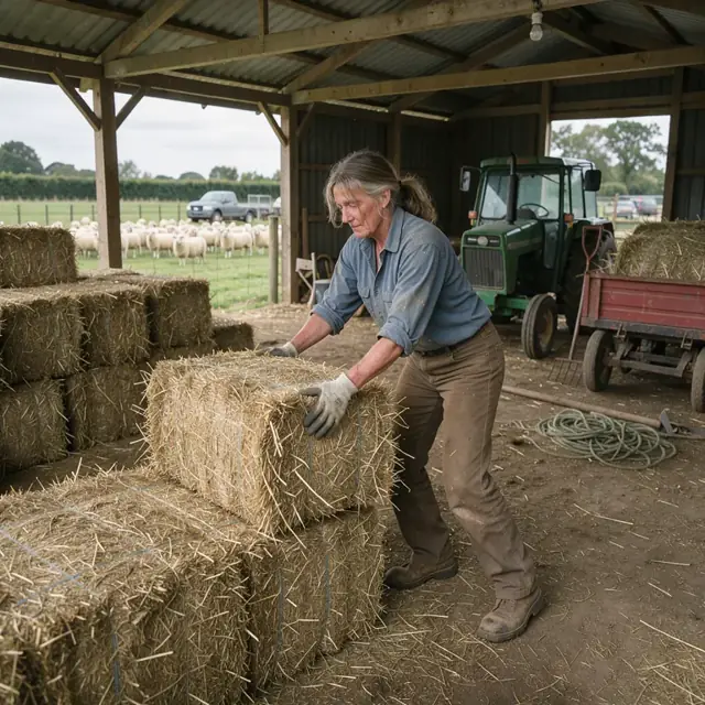 a worker stacking square hay bales in a three-sided barn with a visible flock in the background field