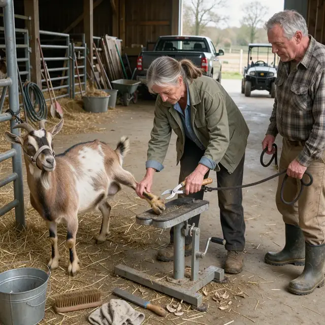 a person examining a goat's hoof on a stand while holding trimming tools in an open barn