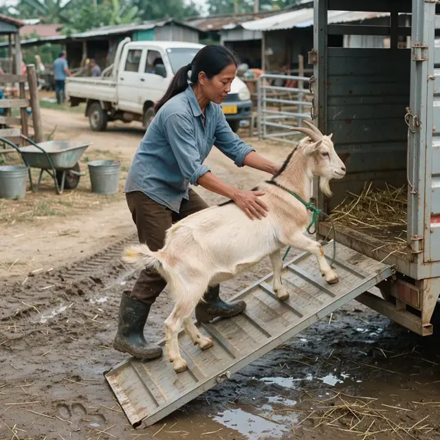a person guiding a goat up a ramp into a livestock trailer in a farmyard
