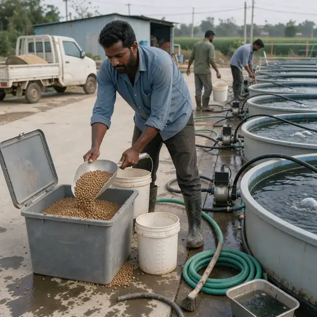 a worker scooping feed pellets from a large bulk bin into calibrated buckets beside a row of circular tanks