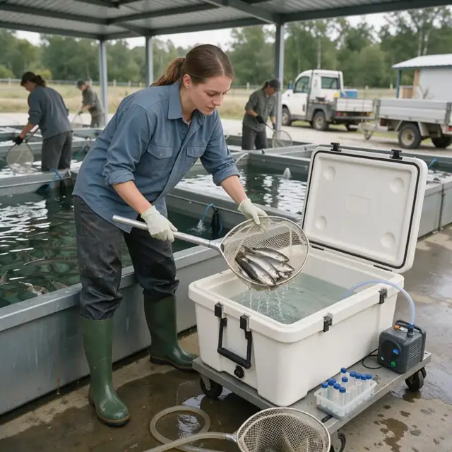a worker netting a sample of fish from a tank and placing them into a water-filled transport cooler for health screening