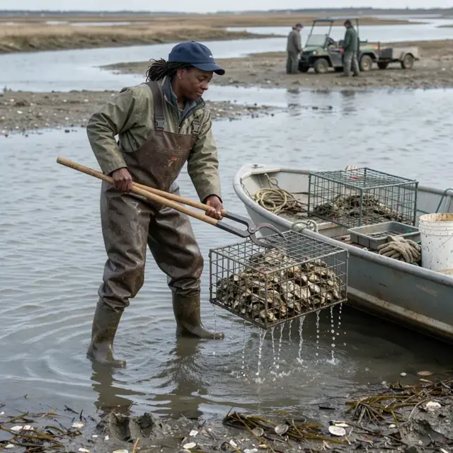 a worker standing in shallow water using long-handled tongs to lift a cage of market-size oysters into a boat at low tide