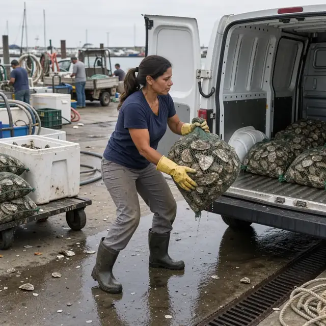a worker loading sacks of live oysters from a dock cooler into the back of a refrigerated van