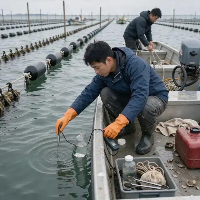 a worker in a small boat using a handheld probe to measure water temperature and collecting a sample bottle near oyster longlines