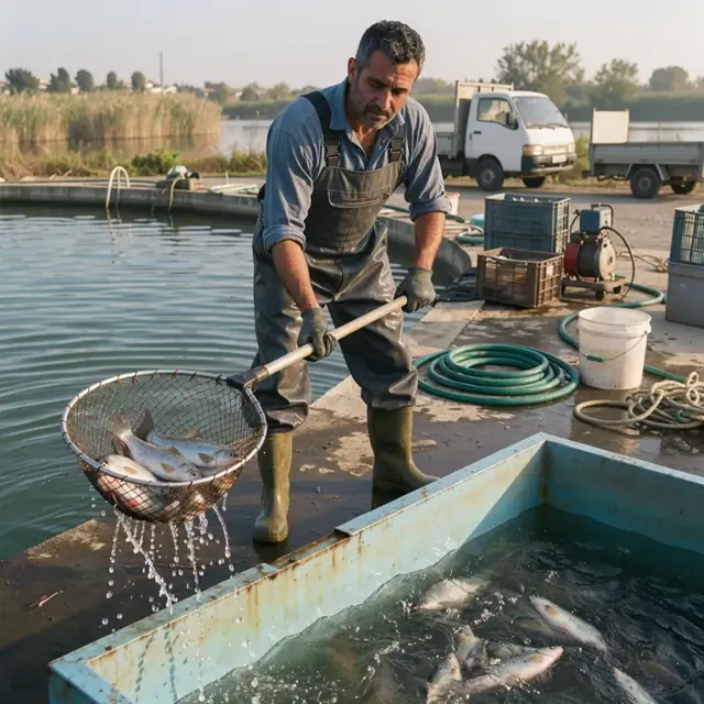 a worker netting fish from a large outdoor pond into a grading tank under morning light