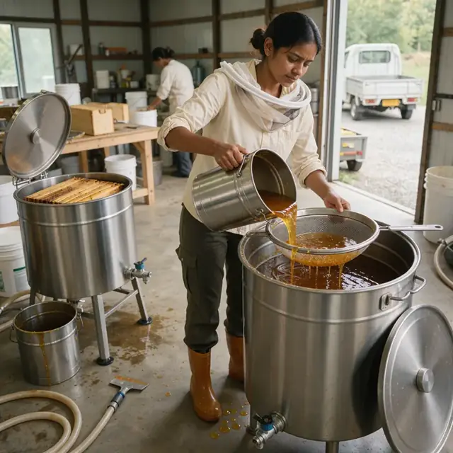 beekeeper pouring honey from a centrifugal extractor into a large settling tank inside a honey house