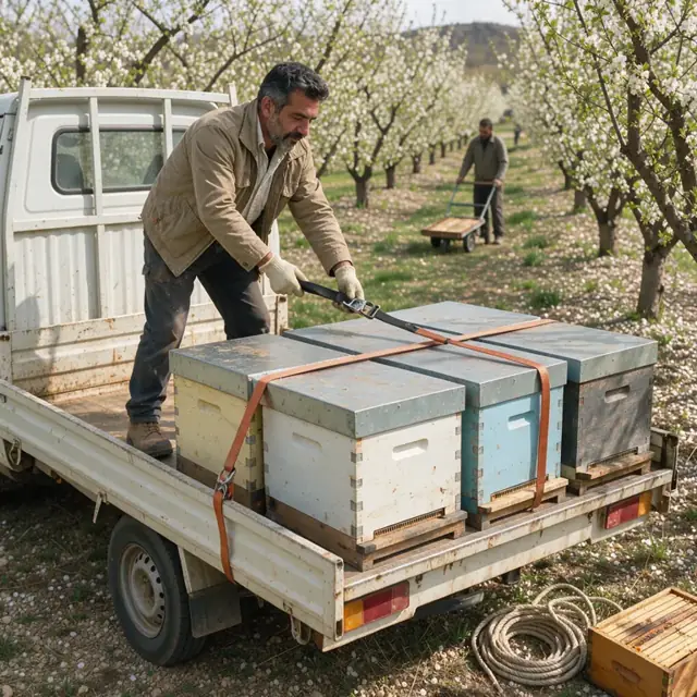 beekeeper securing strapped beehives on a flatbed truck parked beside a flowering orchard