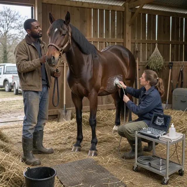 a worker holding a lead rope while a veterinarian performs an ultrasound on a mare inside a quiet barn stall