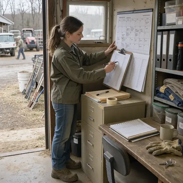 a worker updating a wall calendar and clipboard with expiration dates next to a file cabinet in a barn office