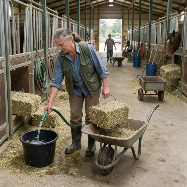 a worker filling water buckets and distributing hay flakes into stalls along a long barn aisle