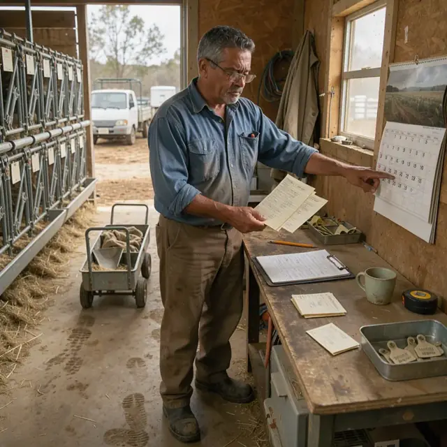 a worker examining pedigree cards and a wall calendar in a barn office next to rows of stacked breeding cages