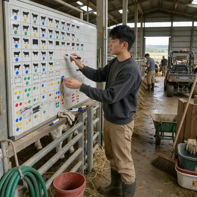 a worker updating a large wall chart showing animal counts and pen usage inside a barn
