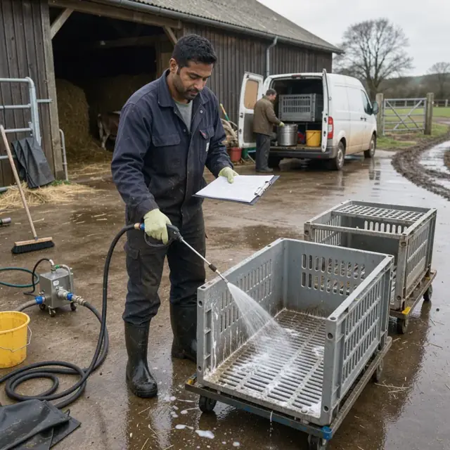 a worker reviewing a clipboard checklist while disinfecting empty animal transport crates outside a barn