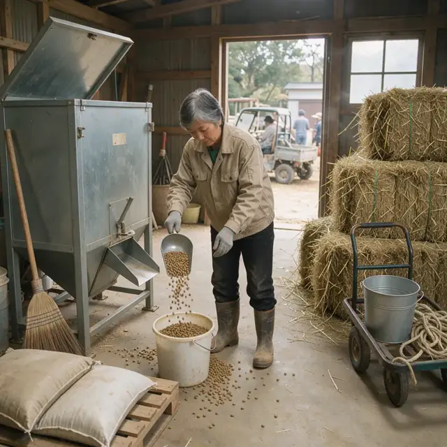 a worker standing inside a feed room measuring pellets from a large bin into buckets beside stacked bales of hay