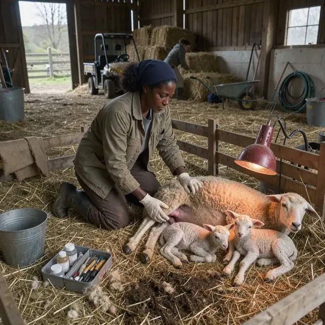 a worker kneeling in straw inside a barn checking a ewe and newborn lambs under a heat lamp