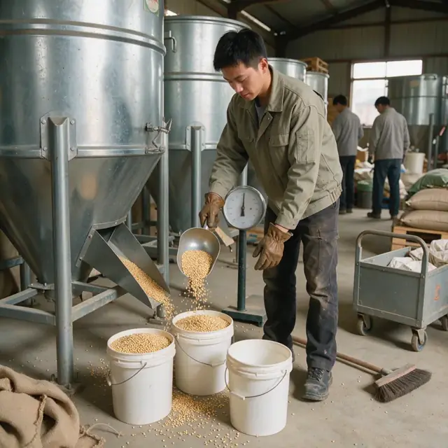 a worker measuring grain from a large bulk bin into buckets inside a feed storage room