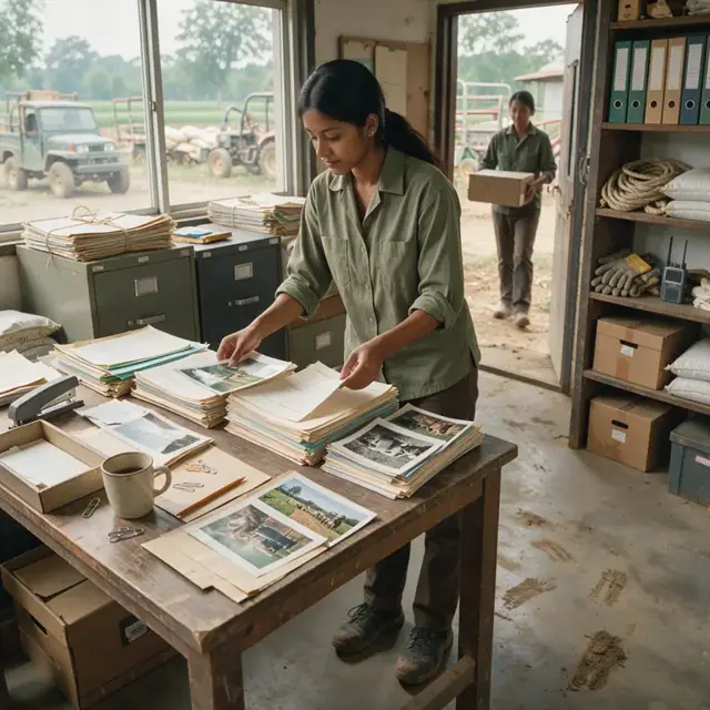 a worker organizing stacks of paper records and photographs on a desk inside a farm office
