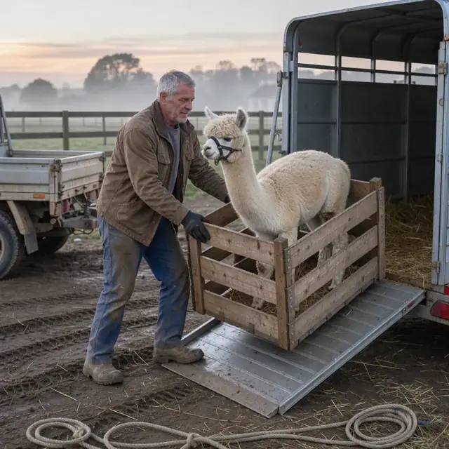 a worker loading a crate containing a single alpaca into a livestock trailer at dawn