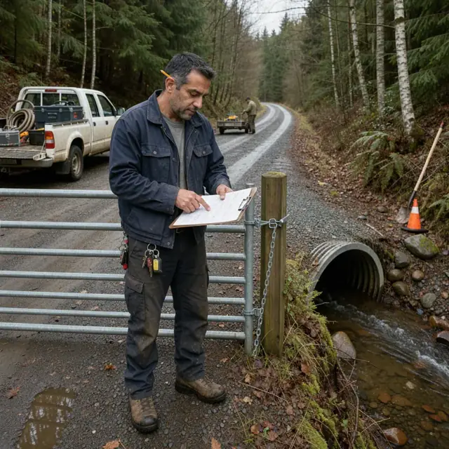 a worker reviewing a checklist on a clipboard while standing next to a gated forest road with a stream crossing and culvert visible