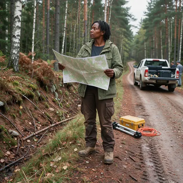 a worker standing at the edge of a dirt forest road holding a large printed map while comparing it to the visible tree line and terrain