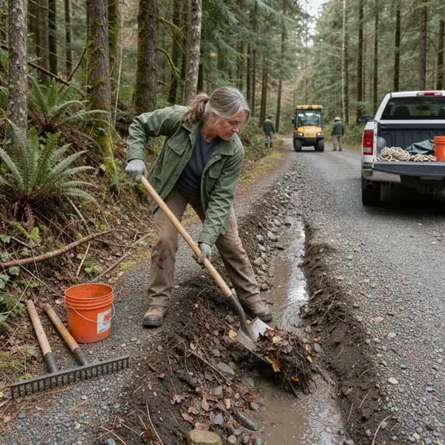 a worker clearing debris from a waterbar on a graveled forest access road with tall trees on both sides
