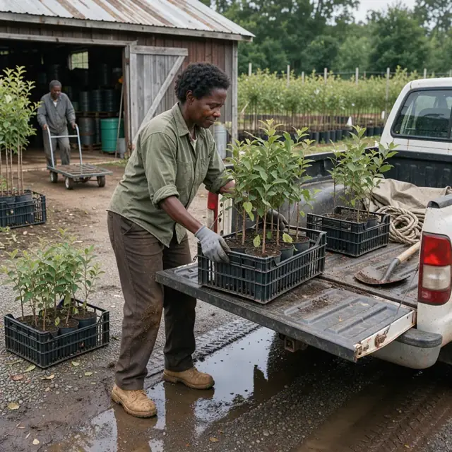 a worker loading crates of potted tree seedlings onto the bed of a pickup truck parked outside a nursery barn