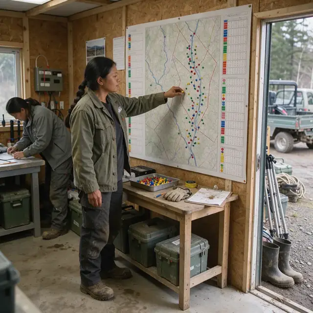 a worker marking collection sites with colored pins on a large wall map covered with seasonal calendars