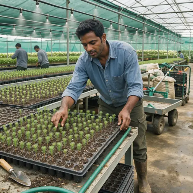 a worker counting tiny conifer seedlings in trays inside a shaded greenhouse with misting nozzles overhead