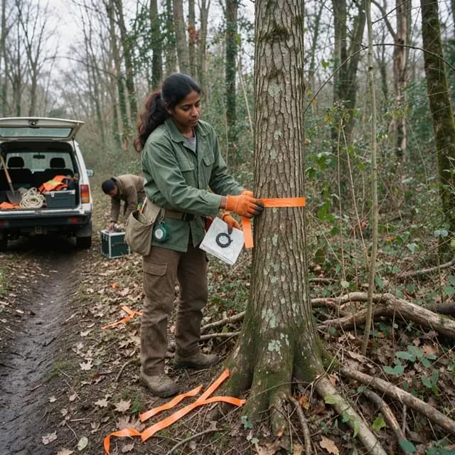 a forester standing at the edge of a wooded tract marking a boundary tree with flagging tape while holding a map and compass